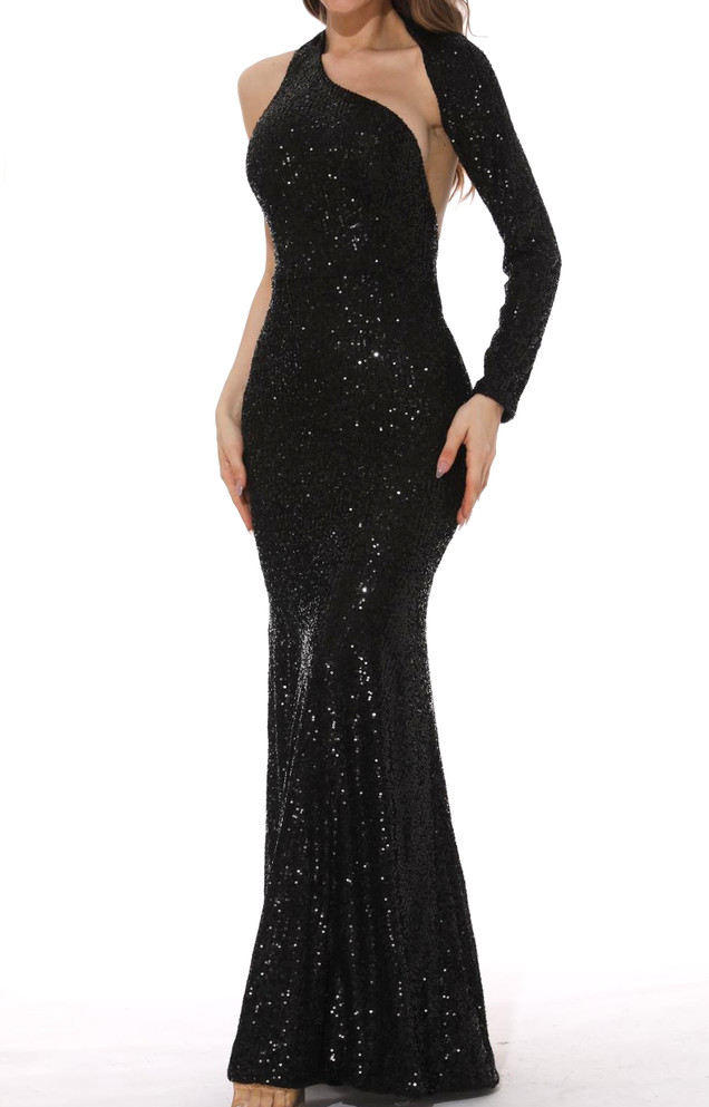 One Sleeve Sequin Mermaid Maxi Dress Black