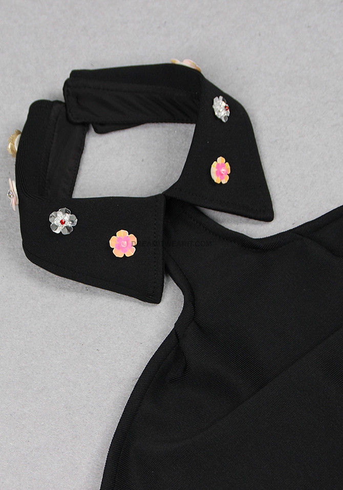 Halter Embellished Flowers Dress Black