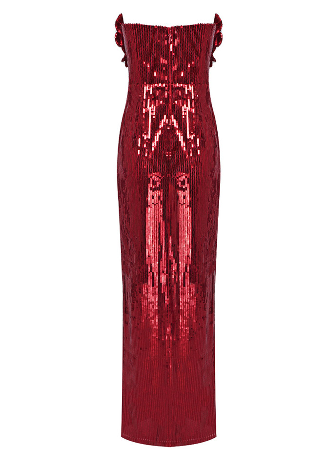 Strapless Flower Sequin Maxi Dress Red