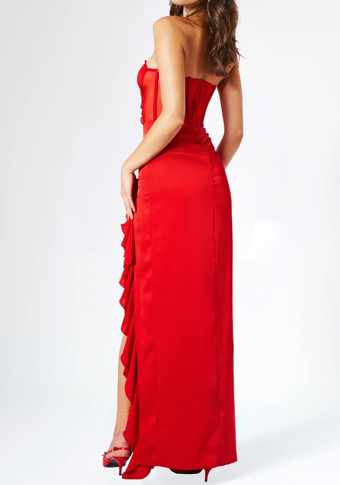 Strapless Lace Corset Ruffle Maxi Dress Red