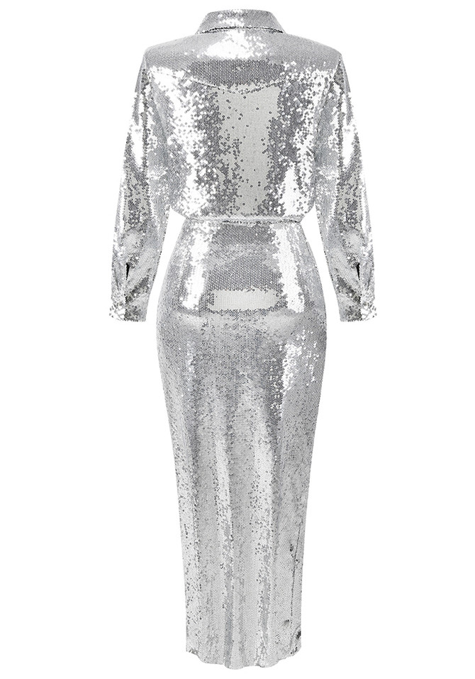 Long Sleeve Sequin Two Piece Midi Dress Silver