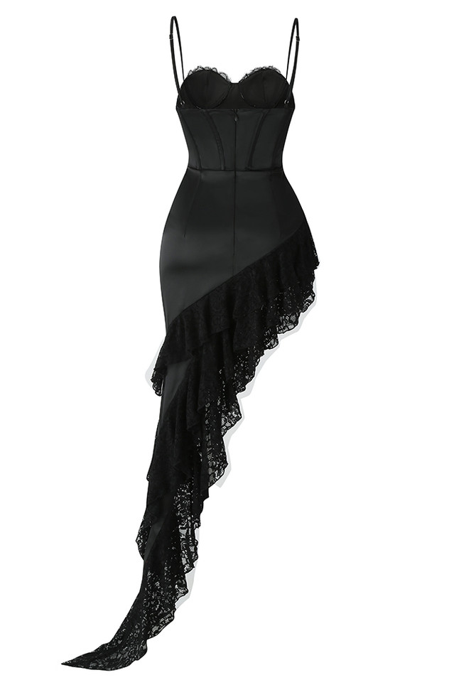 Lace Corset Ruffle Maxi Dress Black