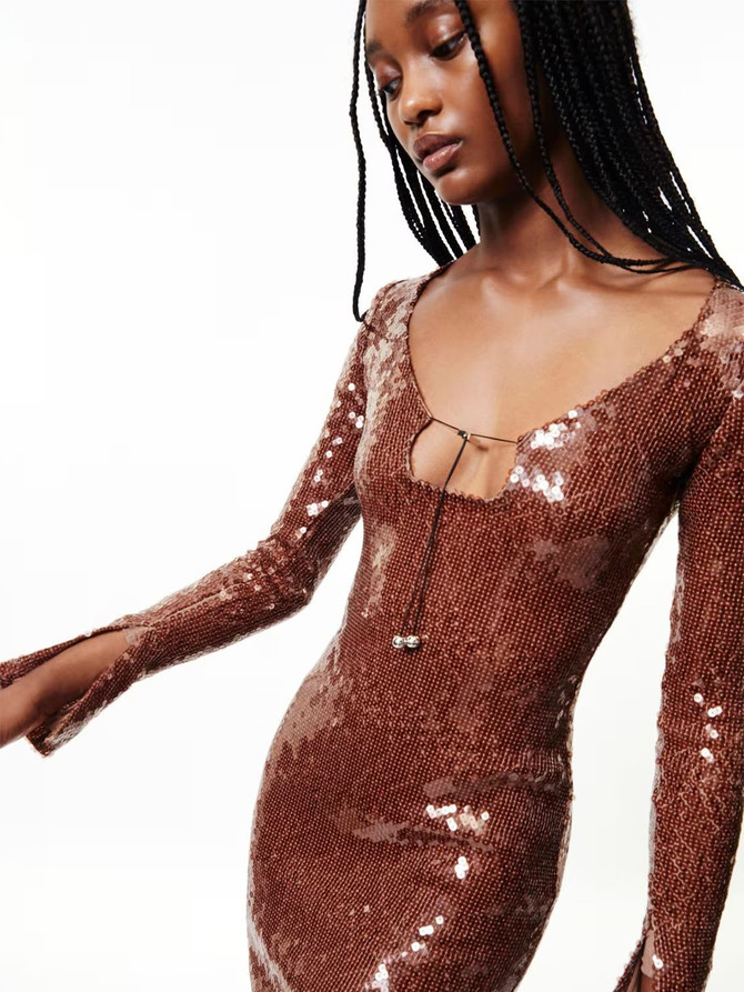 Long Sleeve Sequin Maxi Dress Brown