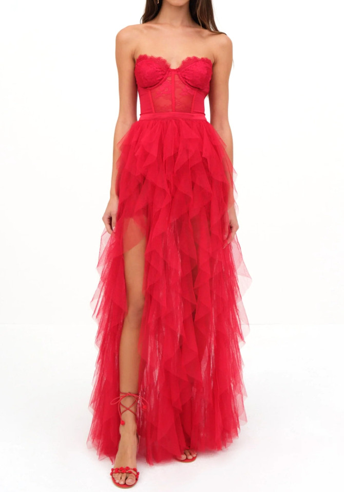 Strapless Lace Bustier Ruffle Maxi Dress Red