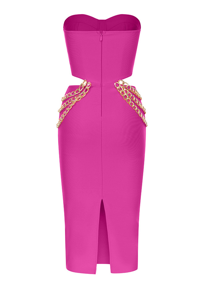 Strapless Bustier Chain Midi Dress Hot Pink