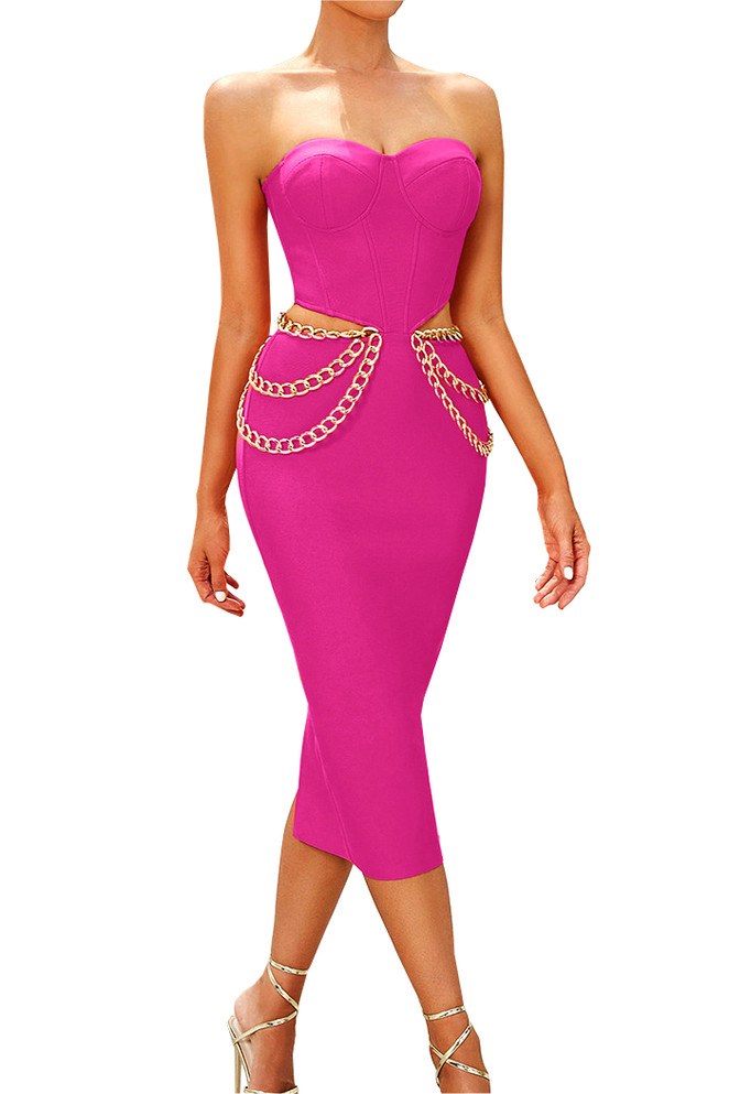 Strapless Bustier Chain Midi Dress Hot Pink