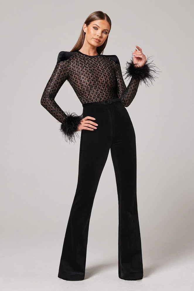 Feather Long Sleeve Sequin Jumpsuit Black