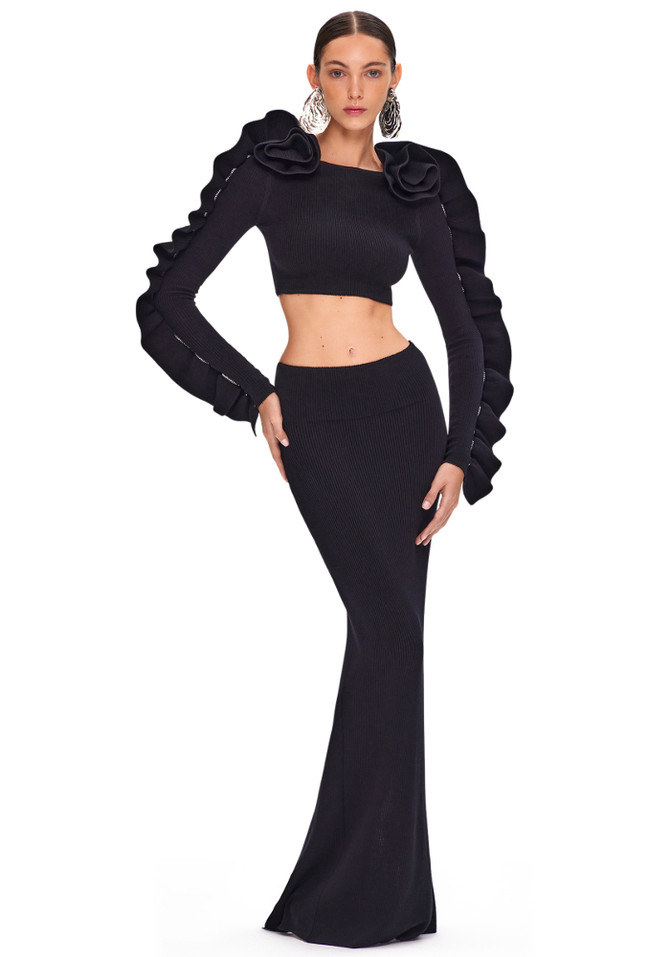 Ruffle Long Sleeve Two Piece Maxi Dress Black