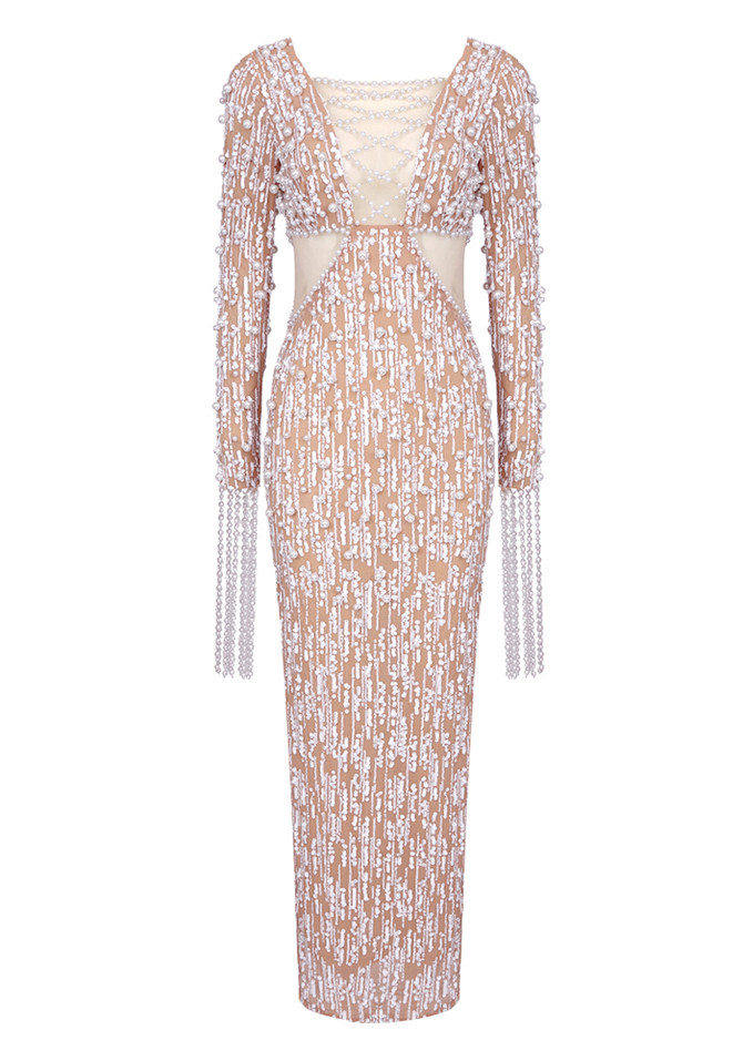 Pearl Embellished Sequin Maxi Dress Nude