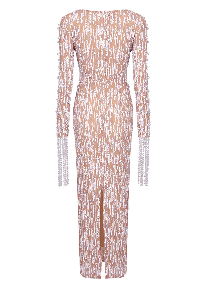 Pearl Embellished Sequin Maxi Dress Nude
