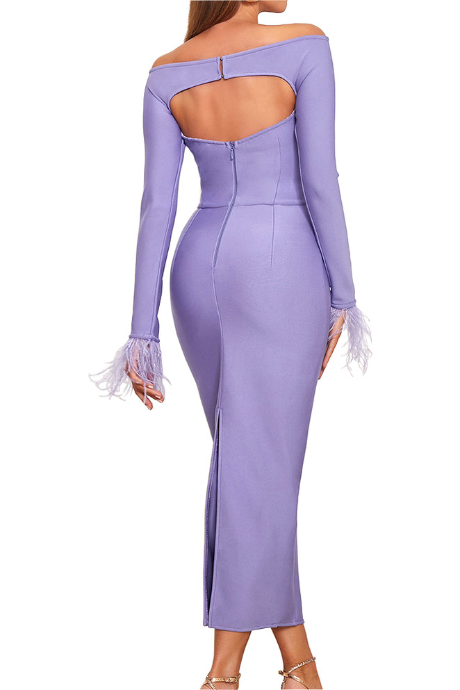 Feather Long Sleeve Midi Dress Purple