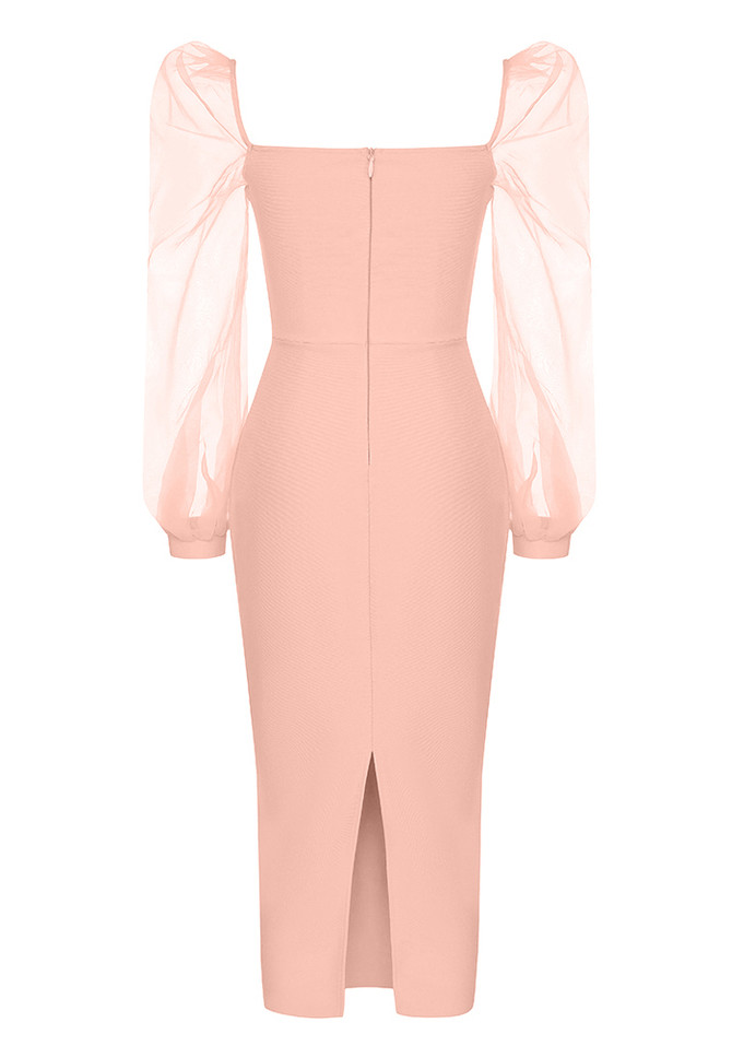 Puff Long Sleeve Button Midi Dress Pink