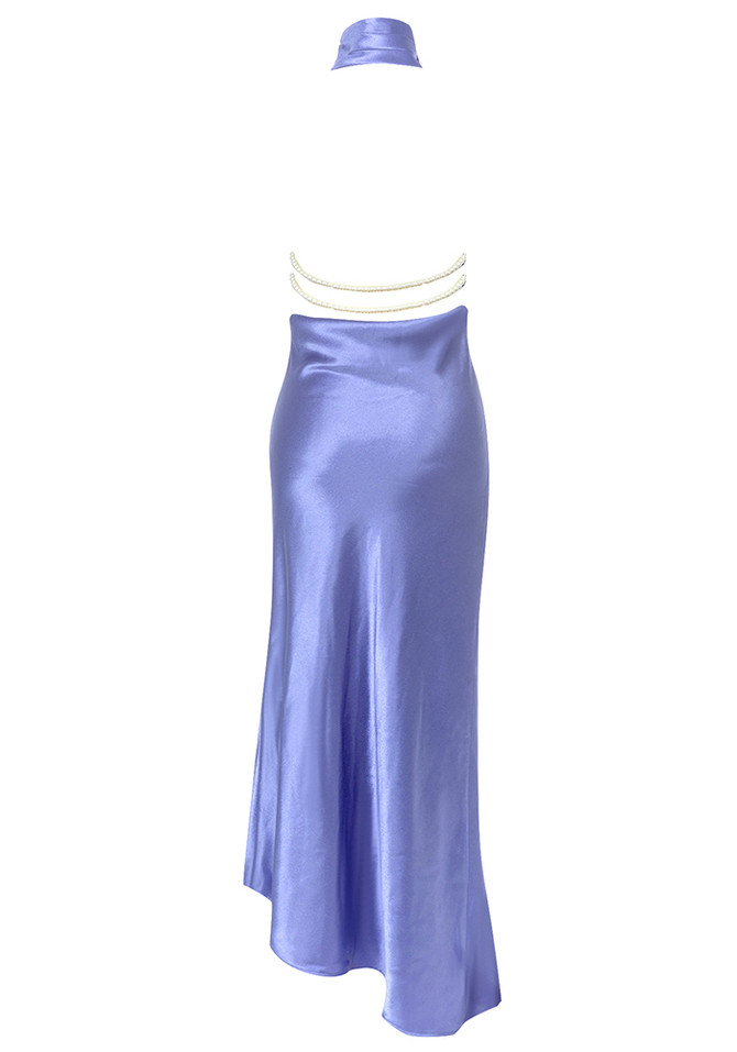 Halter Pearl Detail Maxi Silk Dress Purple