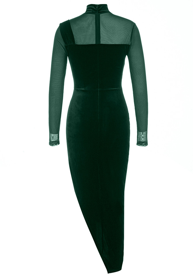 Long Sleeve Mesh Insert Velvet Dress Green