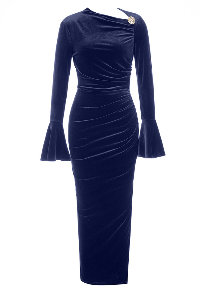 Poet Sleeve Midi Velvet Dress Navy Blue