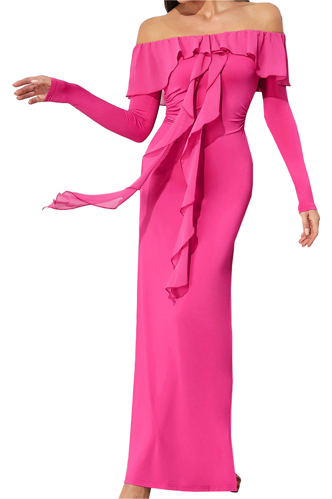Long Sleeve Ruffle Maxi Dress Hot Pink