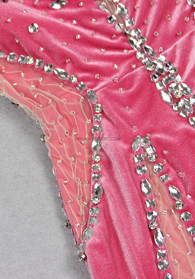 Crystal Strapless Midi Velvet Dress Pink
