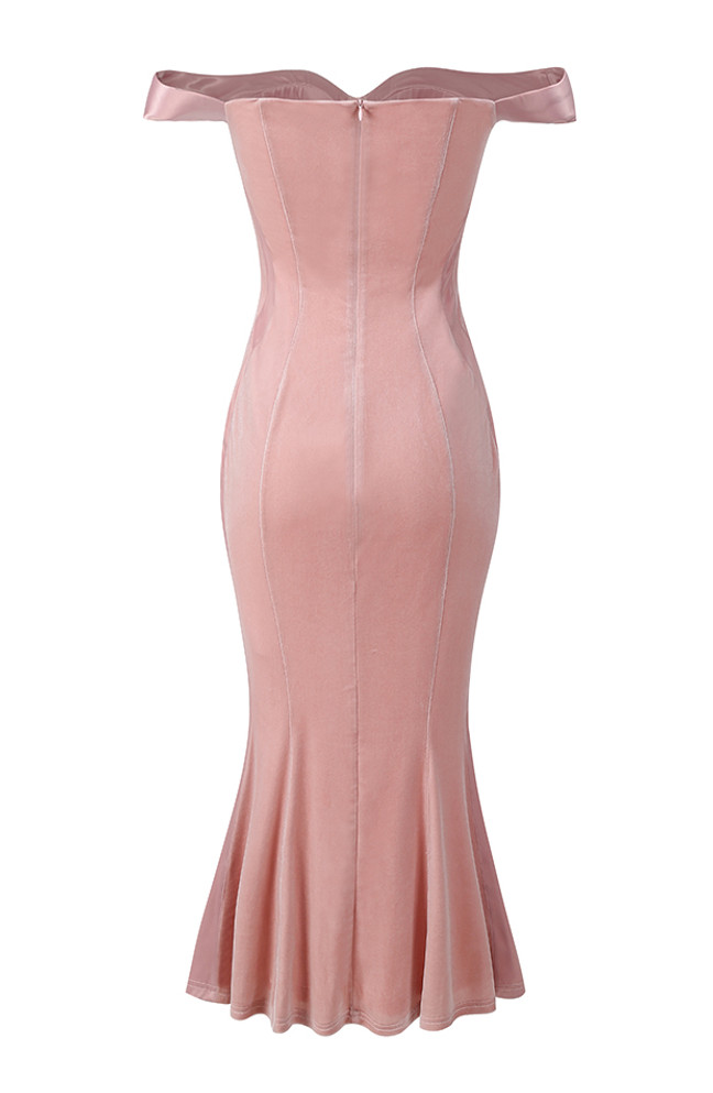 Bardot Bustier Mermaid Velvet Dress Pink