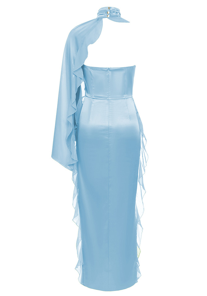 One Sleeve Ruffle Detail Maxi Dress Blue