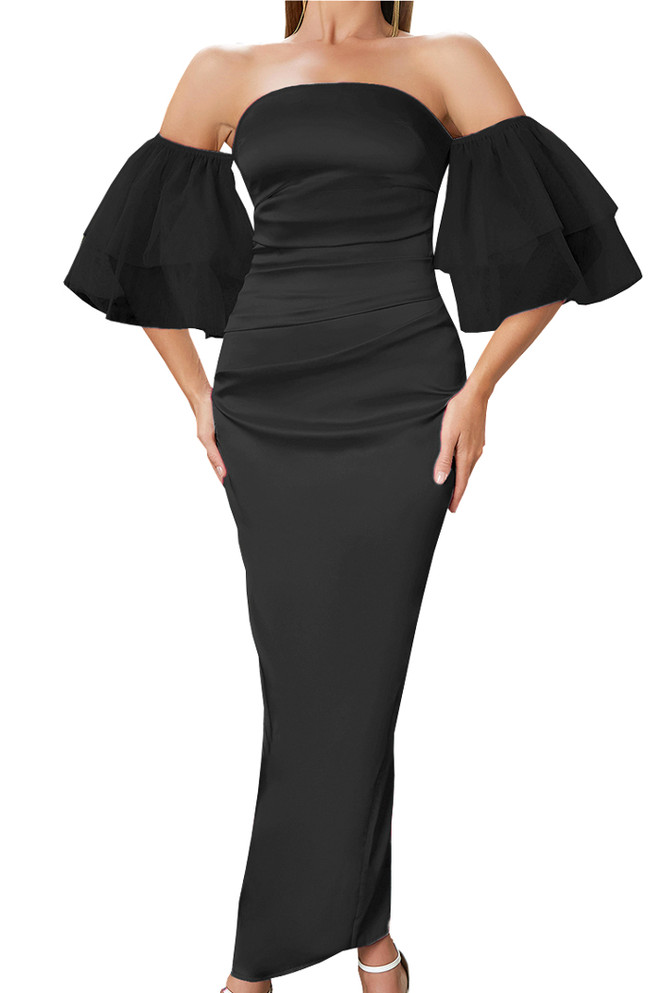 Ruffle Mesh Sleeve Maxi Dress Black