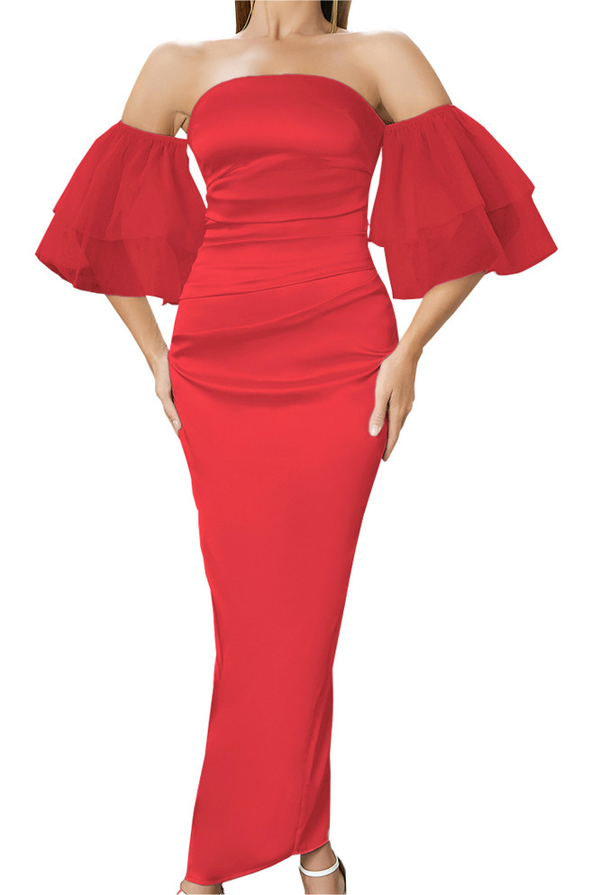 Ruffle Mesh Sleeve Maxi Dress Red