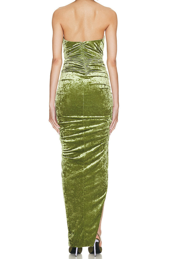 Strapless Ruched Detail Maxi Velvet Dress Green