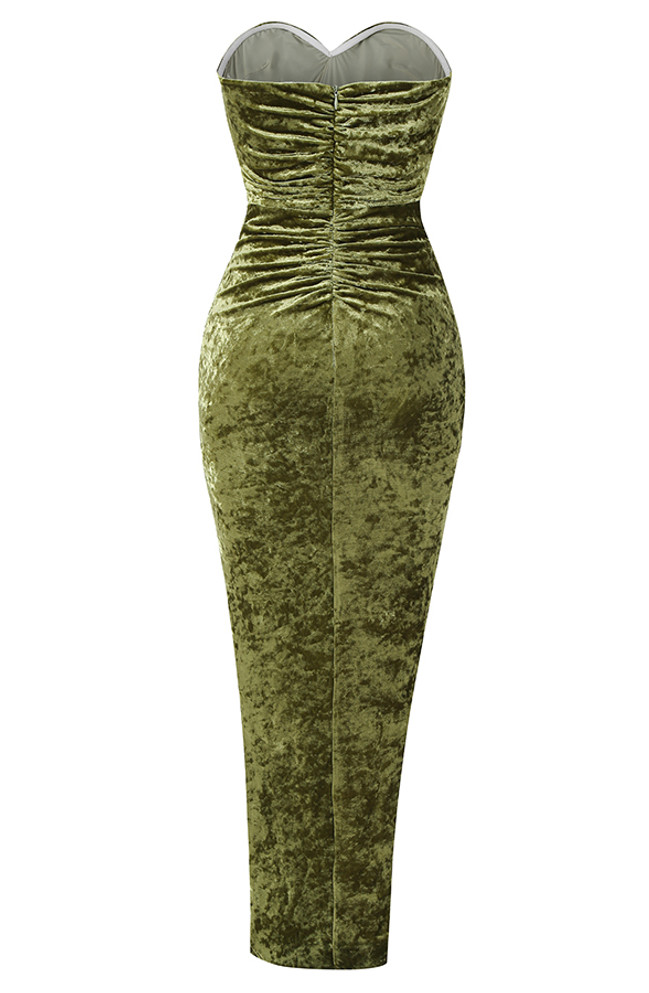 Strapless Ruched Detail Maxi Velvet Dress Green