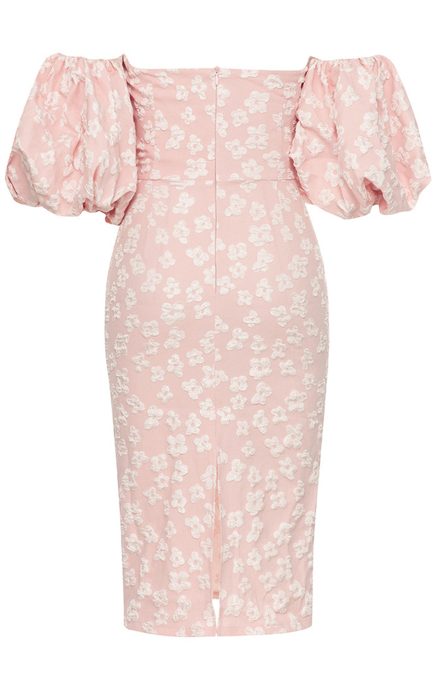 Puff Sleeve Bardot Floral Dress Pink