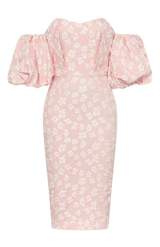 Puff Sleeve Bardot Floral Dress Pink