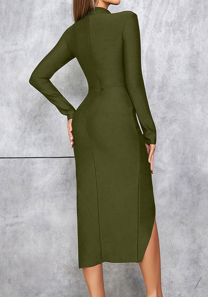 Long Sleeve Mesh Insert Midi Dress Green