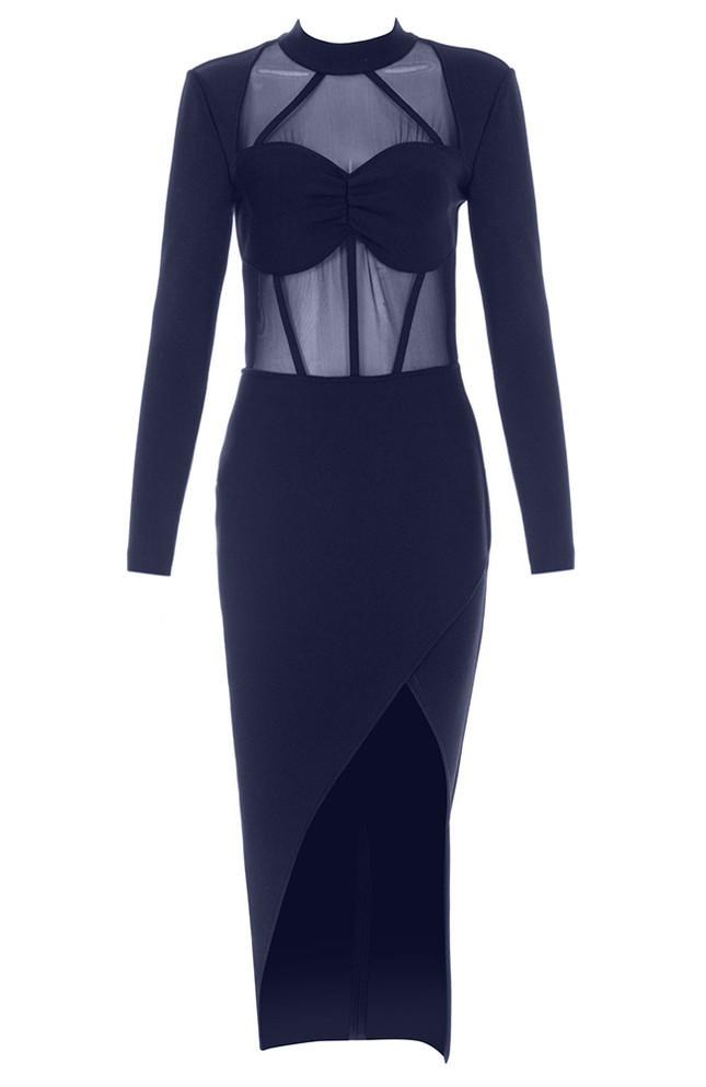 Long Sleeve Mesh Insert Midi Dress Navy Blue