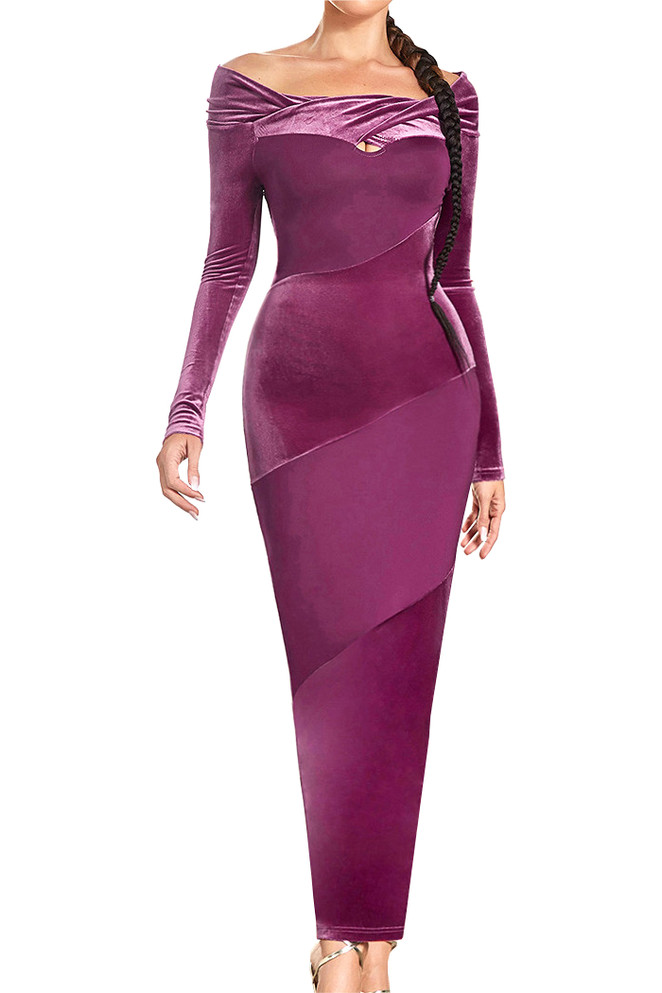 Long Sleeve Maxi Velvet Dress Magenta