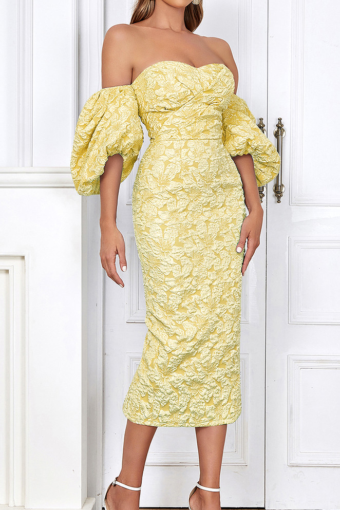 Puff Sleeve Off Shoulder Floral Midi Dress Yellow
