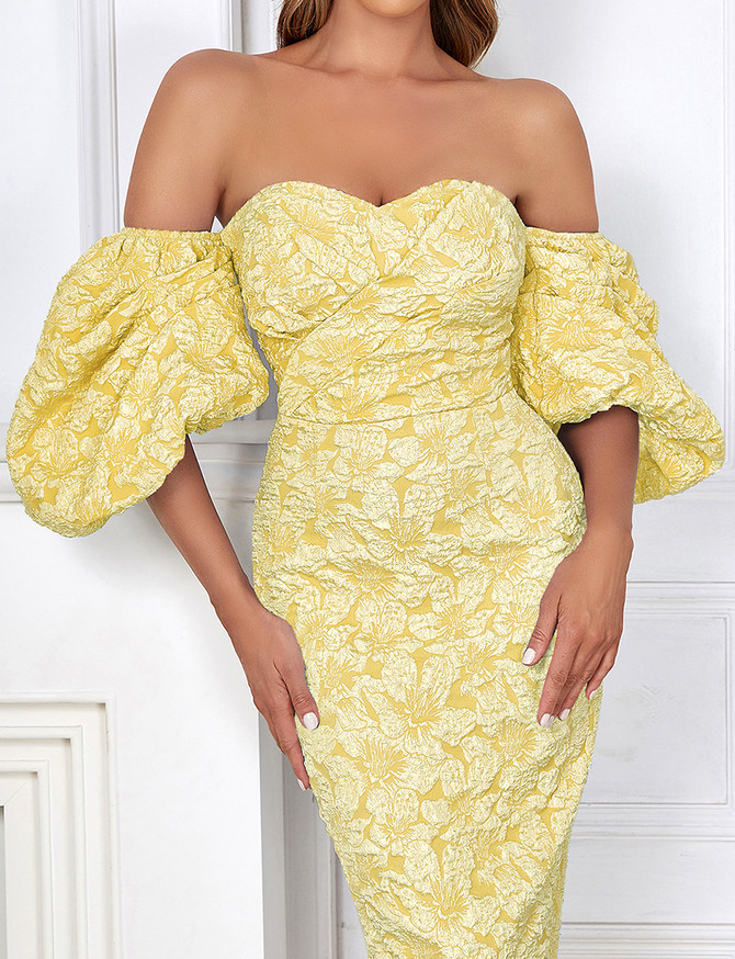 Puff Sleeve Off Shoulder Floral Midi Dress Yellow