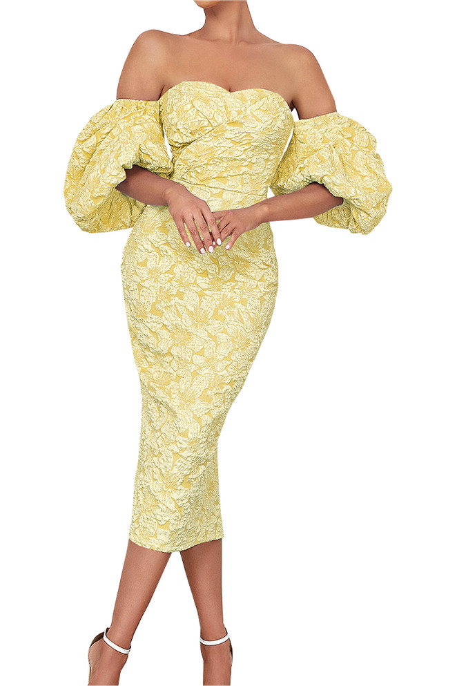 Puff Sleeve Off Shoulder Floral Midi Dress Yellow