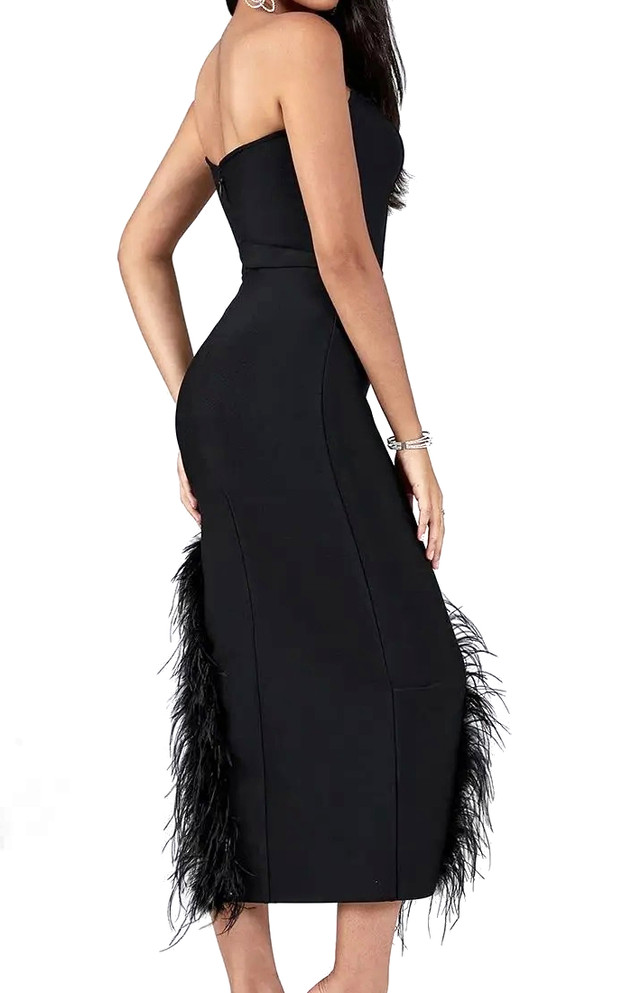 Strapless Feather Hem Midi Dress Black