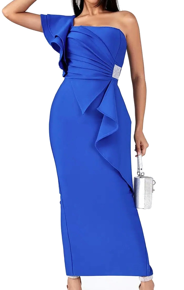 One Shoulder Ruffle Maxi Dress Blue