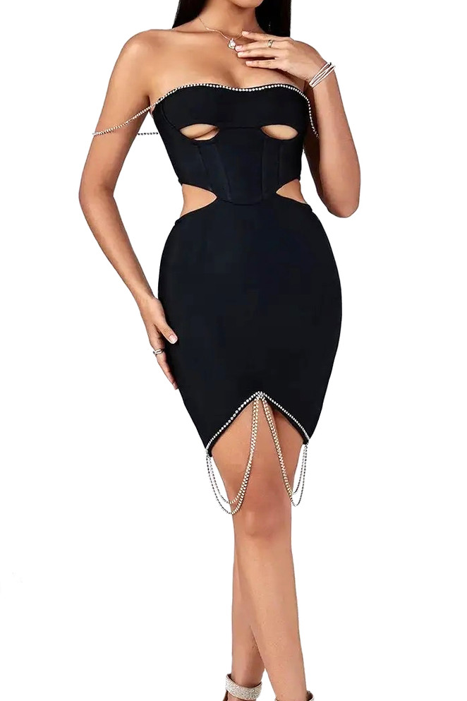 Crystal Trim Structured Dress Black