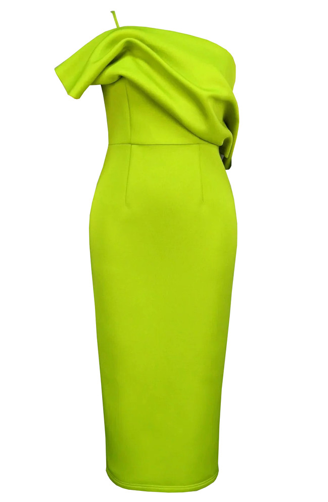 One Shoulder Draped Midi Dress Green