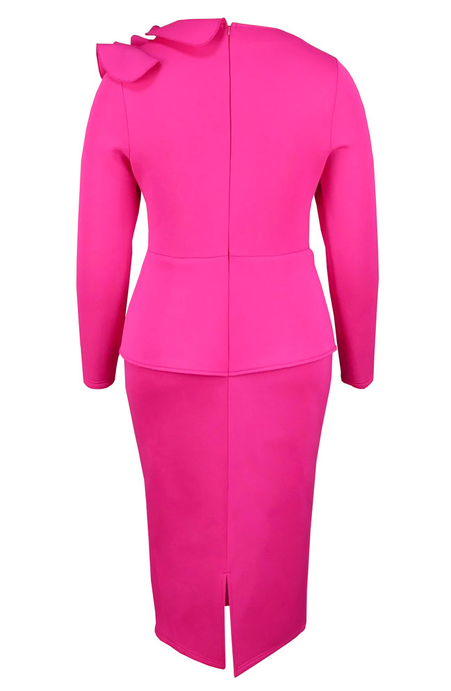 Long Sleeve Ruffle Peplum Midi Dress Hot Pink