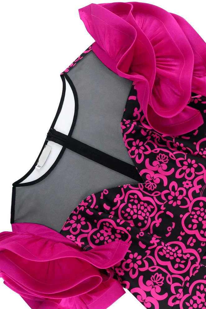 Ruffle Mesh Insert Midi Dress Hot Pink Black