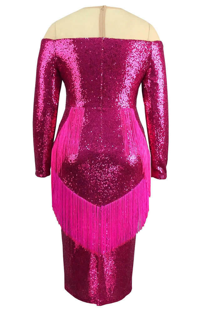 Long Sleeve Sequin Tassel Midi Dress Hot Pink