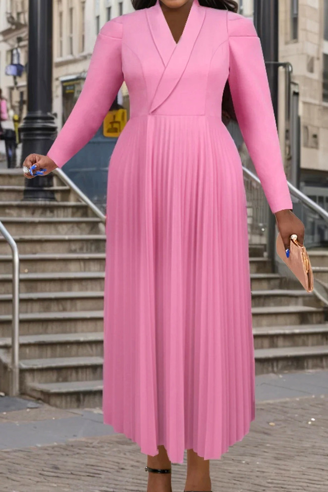 Long Sleeve Pleated A Line Maxi Dress Pink