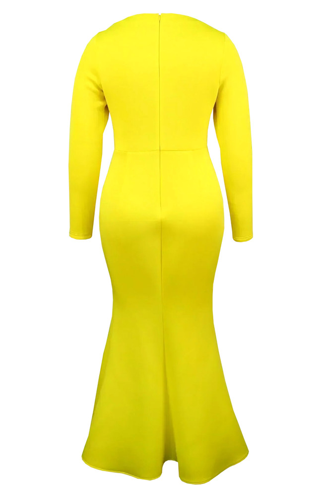 Long Sleeve Mesh Ruffle Maxi Dress Yellow Black