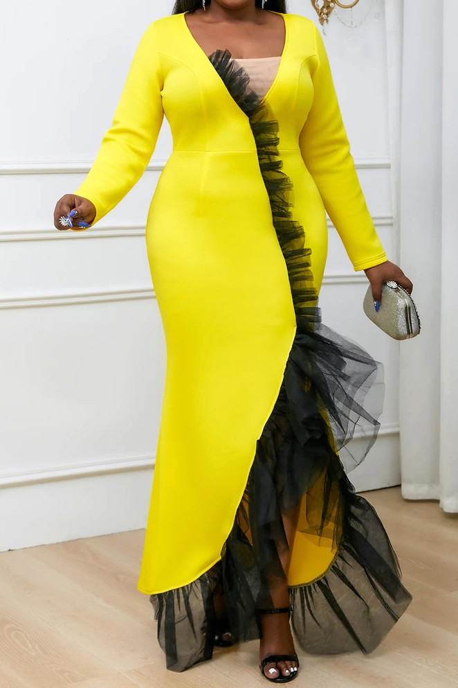 Long Sleeve Mesh Ruffle Maxi Dress Yellow Black