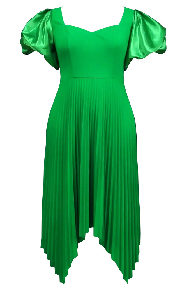 Puff Sleeve Pleated A Line Midi Dress Green