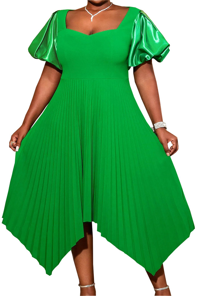Puff Sleeve Pleated A Line Midi Dress Green