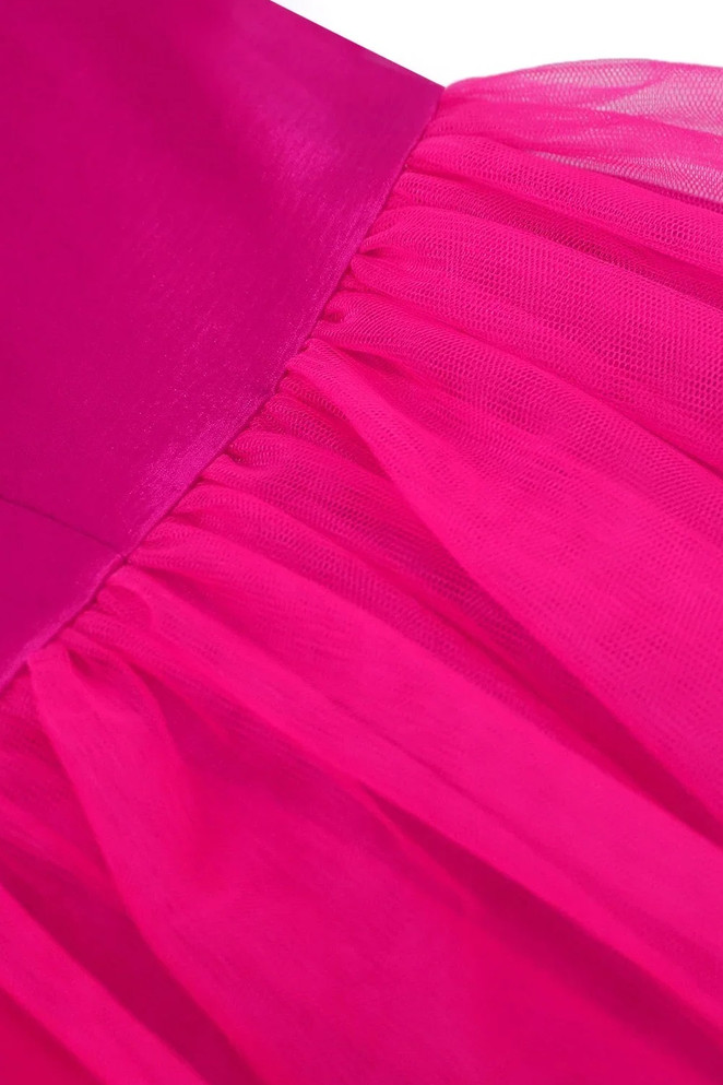 Puff Sleeve Mesh Skater Midi Dress Hot Pink