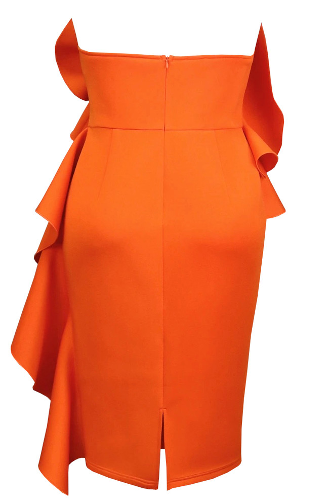 Strapless Ruffle Detail Midi Dress Orange