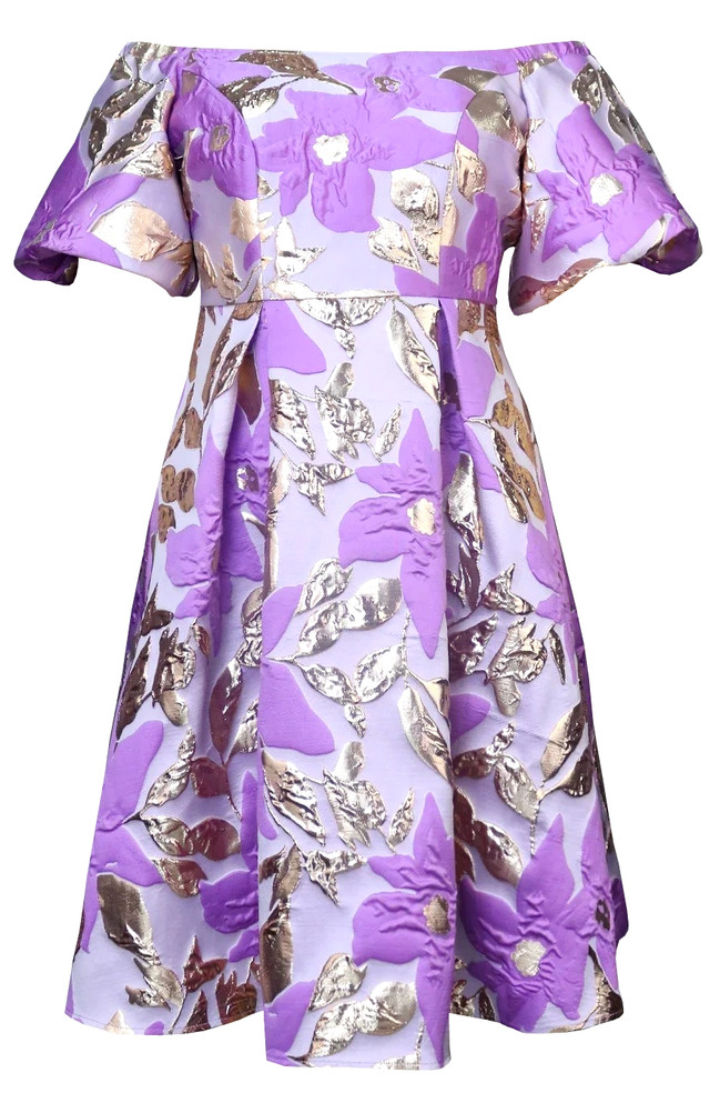 Puff Sleeve Floral A Line Midi Dress Lavender Gold